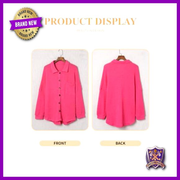 Plus Size Waffle Knit Shacket Long Sleeve Button Down Boyfriend Shirt - Picture 4 of 7